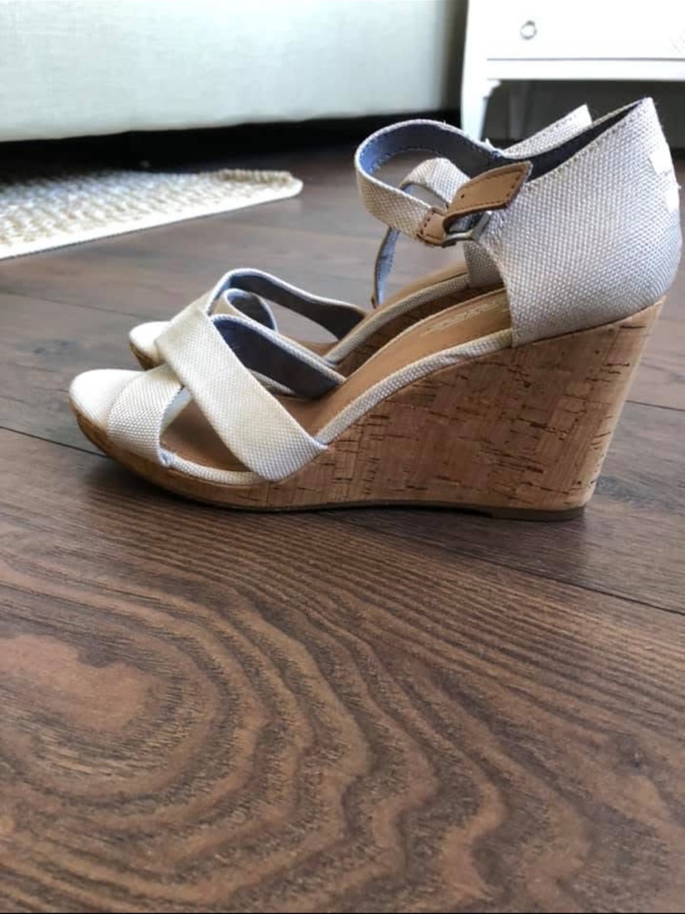 Toms Light Cream Canvas Cork Wedge Espadrilles with Ankle Strap